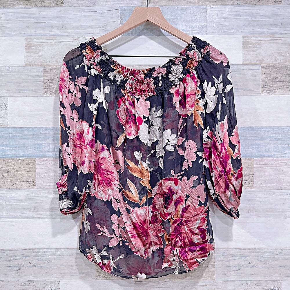 White House Black Market Floral Off The Shoulder Blouse Black Silk Womens Small